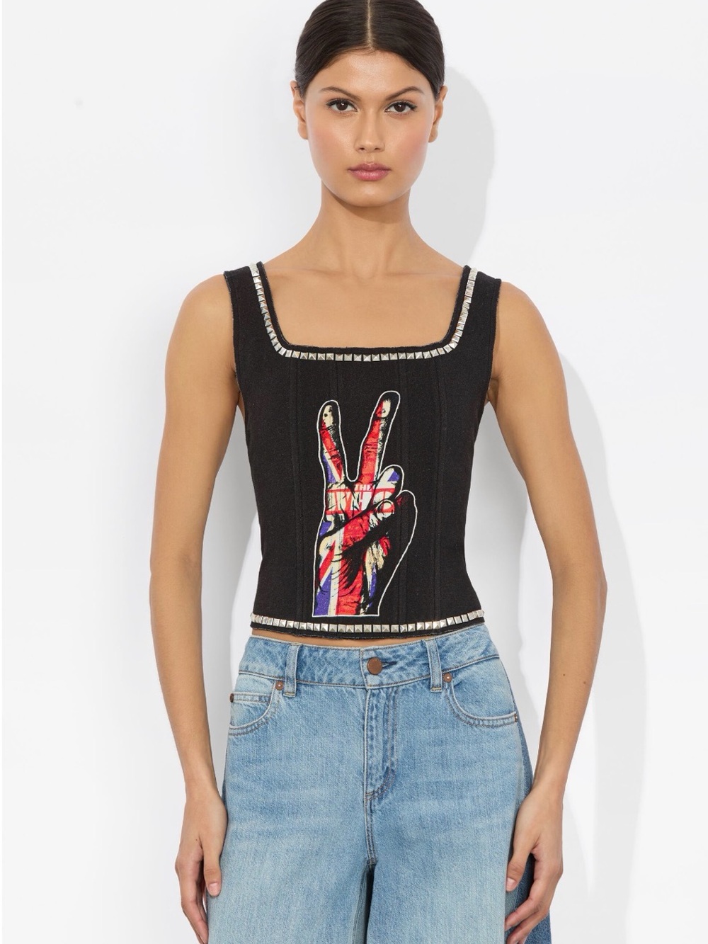 Alice + Olivia Black Beaded Square-Neck Crop Top with Multicolor Peace Graphic